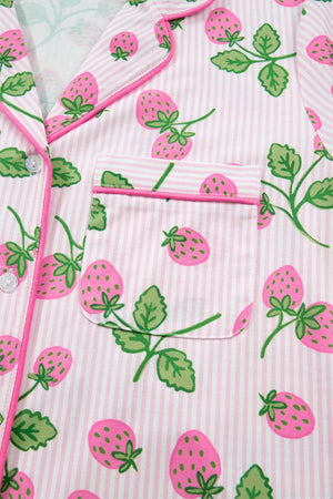 Pink striped pajama top with a whimsical strawberry print and contrast piping.