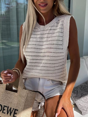 Beige open-stitch sleeveless knit tank top with horizontal stripe pattern and crew neck.