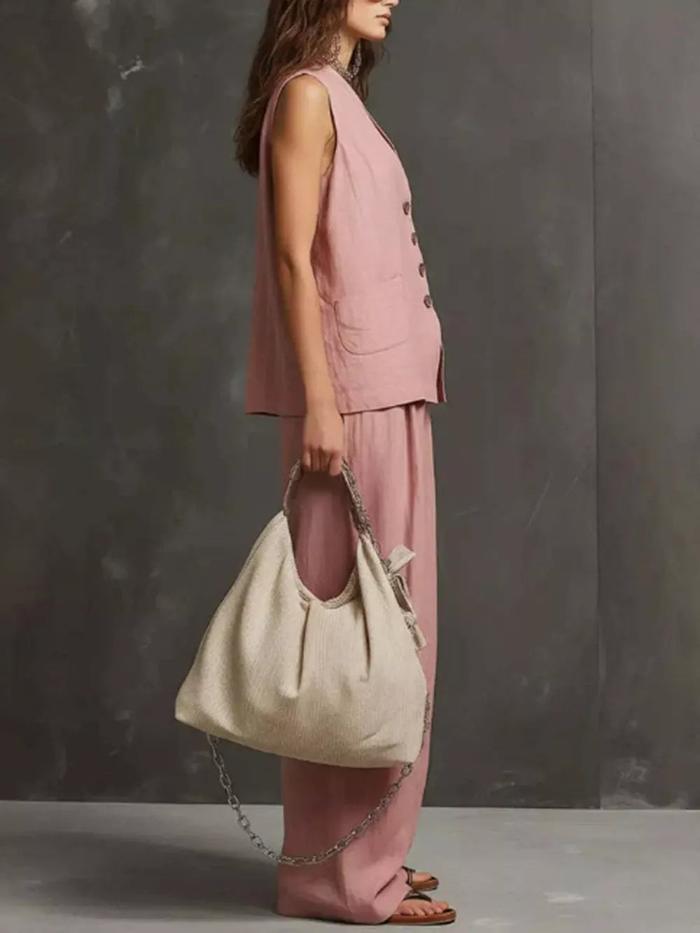 Light Blue Sleeveless Buttoned Vest And Wide-leg Pants Set