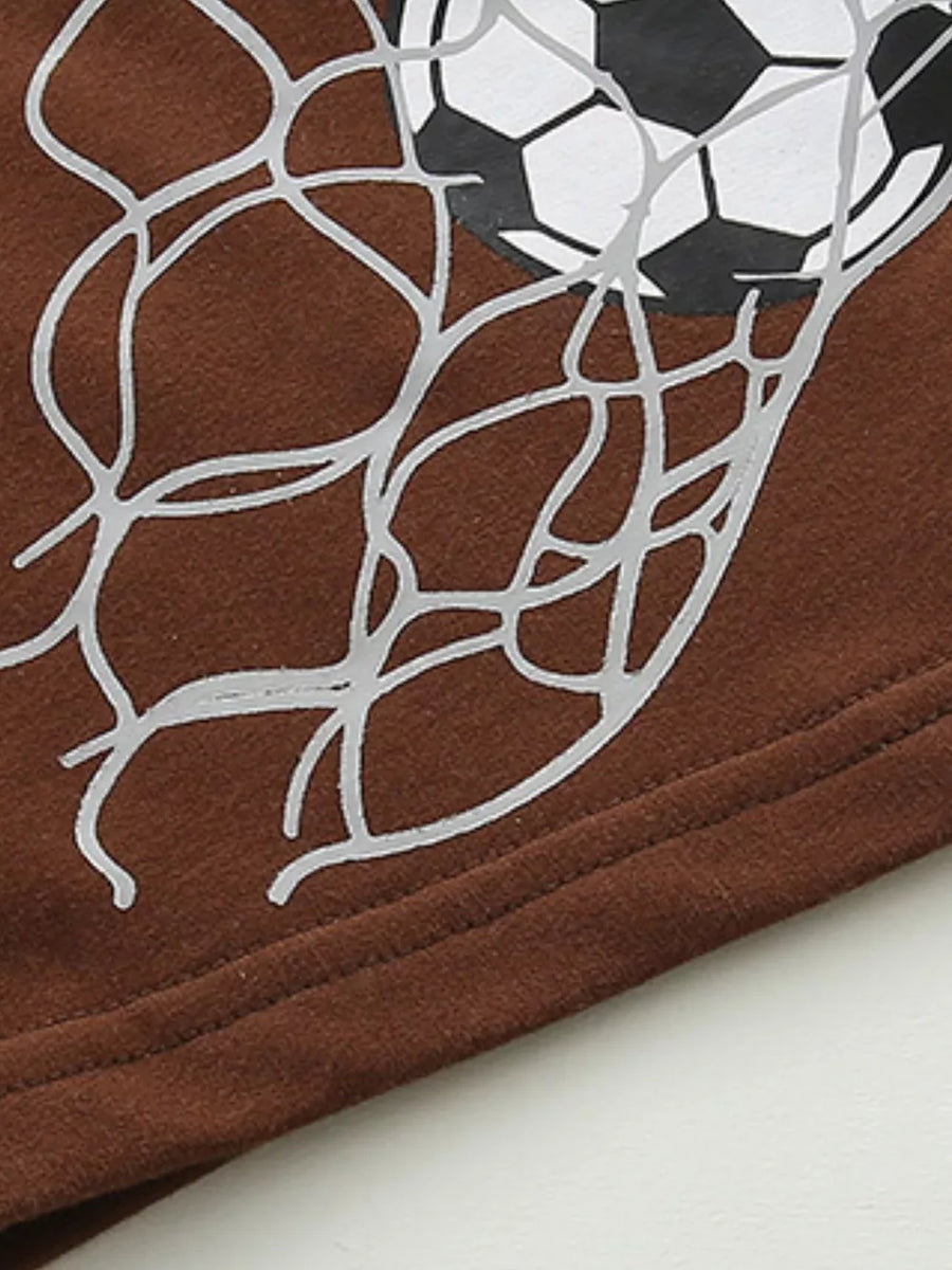 Brown cotton baby tee with soccer ball and net graphic detail.