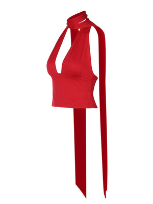 Red halter neck tie cami top with deep v-neck and adjustable ties