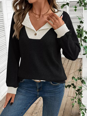 Black and ivory ribbed maternity shirt with button detail and contrast collar and cuffs.