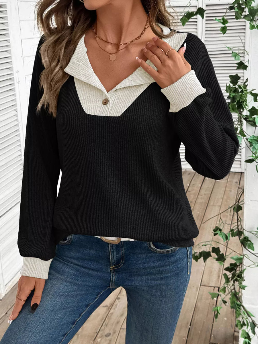 Black and ivory ribbed maternity shirt with button detail and contrast collar and cuffs.