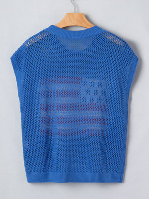 Blue acrylic knit top with an American flag graphic, crew neck, and sleeveless design.