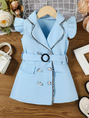 Sky blue toddler dress with double-breasted lapels, belt, and sparkly trim.