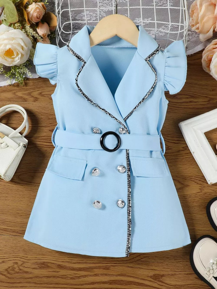Sky blue toddler dress with double-breasted lapels, belt, and sparkly trim.