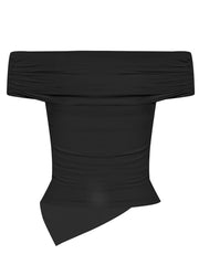 Black asymmetrical ruched off-shoulder top with a draped hem.