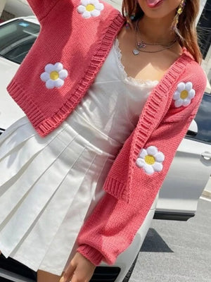 Fuchsia Pink cardigan featuring open-front and floral
