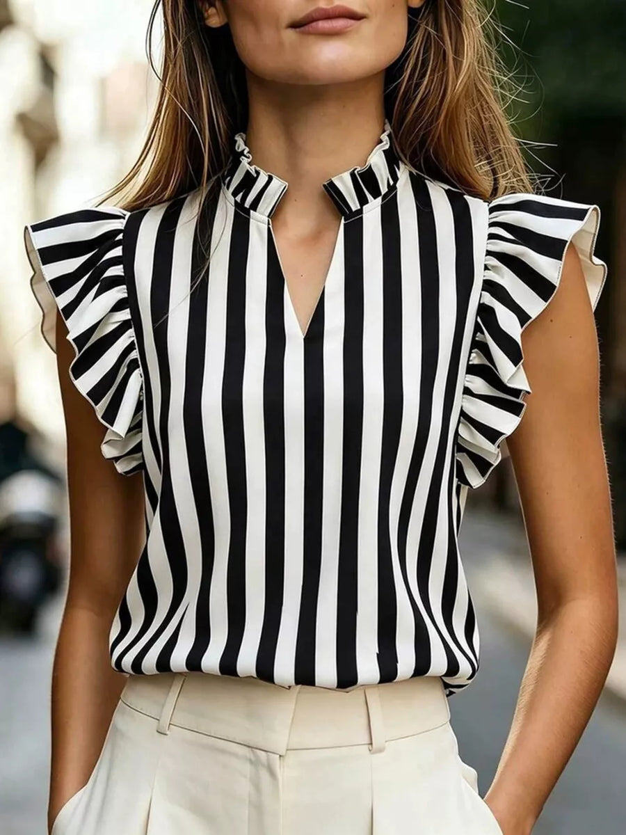 Striped ruffled sleeve shirt with mock neck and V-neck cutout