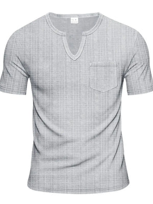 Gray textured notch neck t-shirt with a chest pocket.