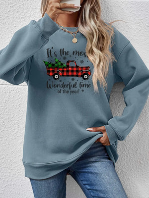 Misty Blue sweatshirt with Christmas truck graphic and text.