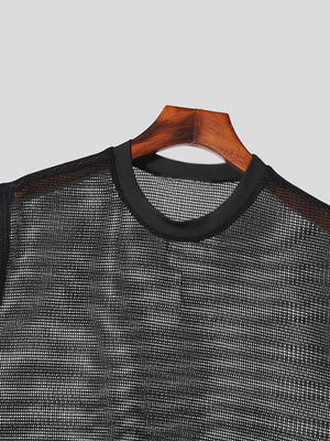 Black open-knit sleeveless top with crew neck and mesh texture