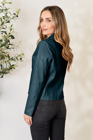 Biker-inspired faux leather jacket in Peacock Blue, with a stand collar and long sleeves.