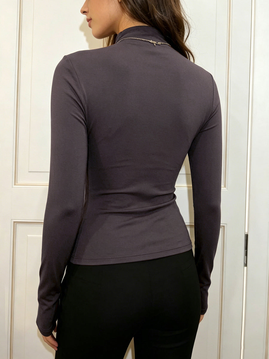 minimalist t-shirt in dark brown with mock neck