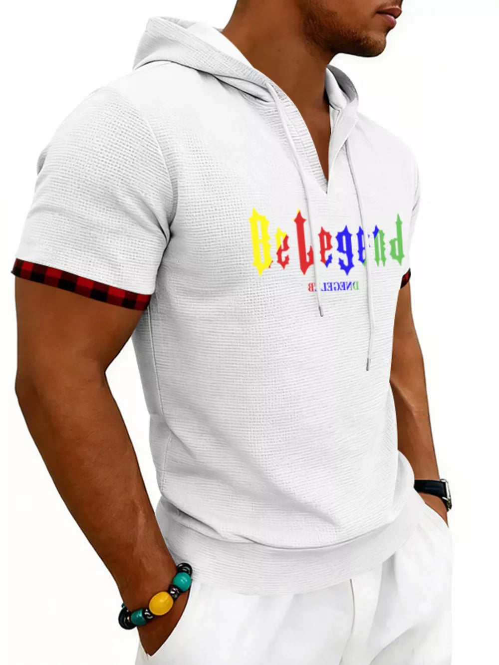 Men's Full Size Letter Graphic Short Sleeve Hooded Top in Khaki