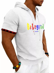 Men's Full Size Letter Graphic Short Sleeve Hooded Top in Khaki