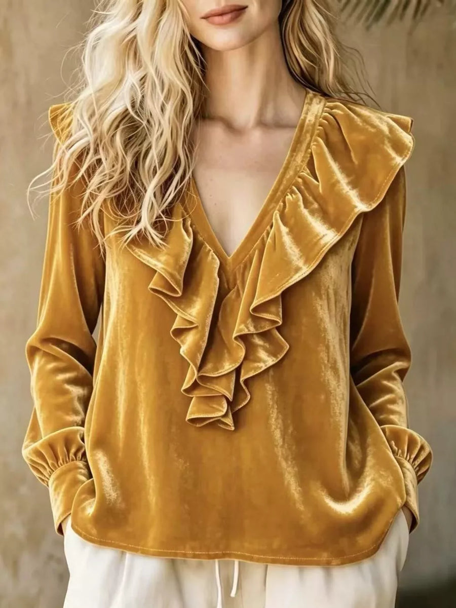 Green Full Size Ruffled V-neck Long Sleeve Blouse