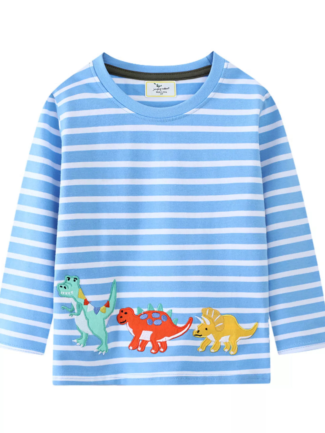 Baby long-sleeve tee in sky blue with white stripes and dinosaur appliques.