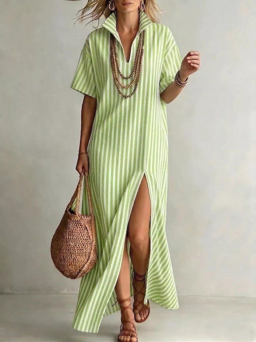 Full Size Striped Maxi Dress With Side Slit in Light Blue