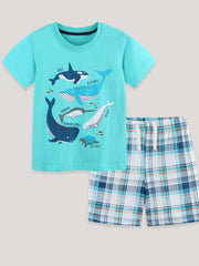 Boys' blue cotton t-shirt with whale print and plaid shorts