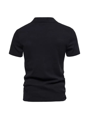 Black cotton blend men's casual polo shirt with notched collar and short sleeves.