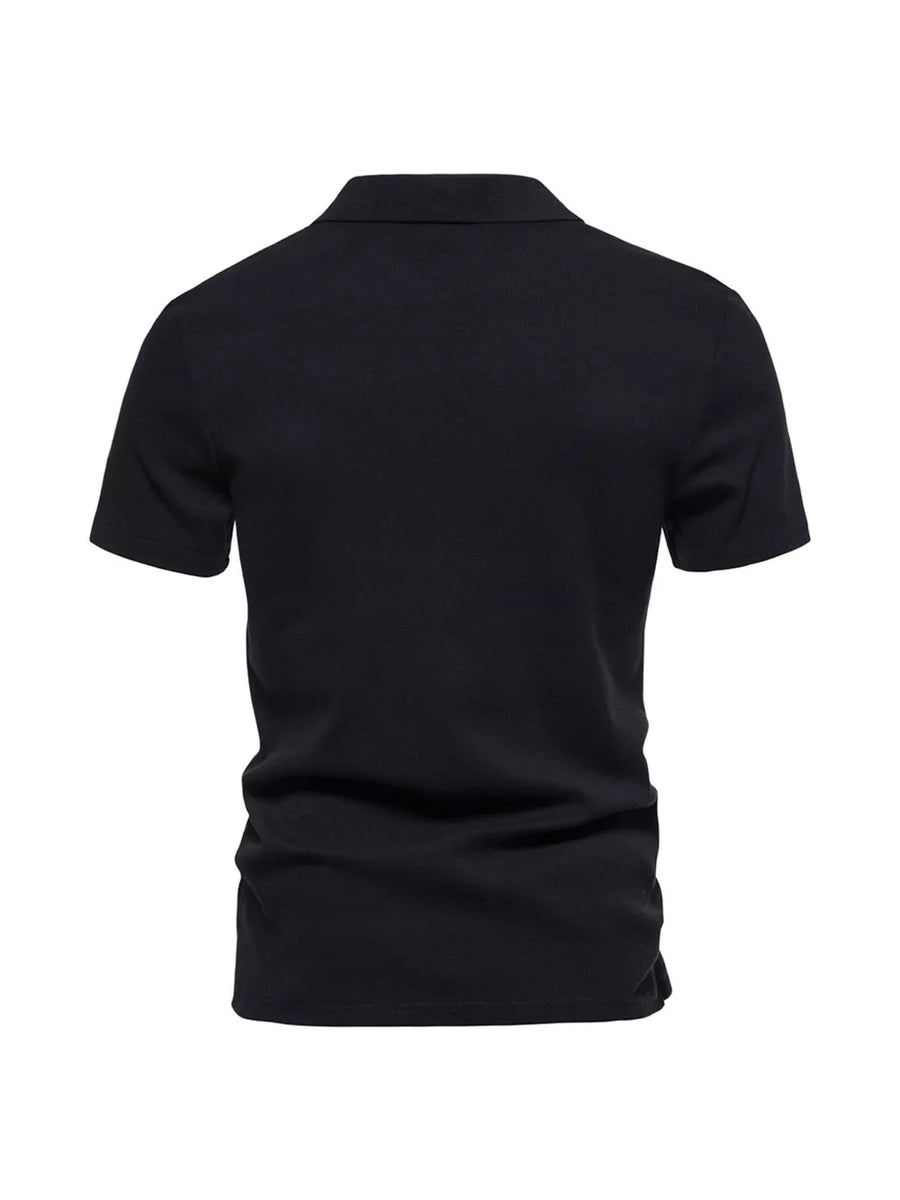Black cotton blend men's casual polo shirt with notched collar and short sleeves.