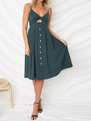 Deep Teal bow-front midi sundress with button detail and cutout.