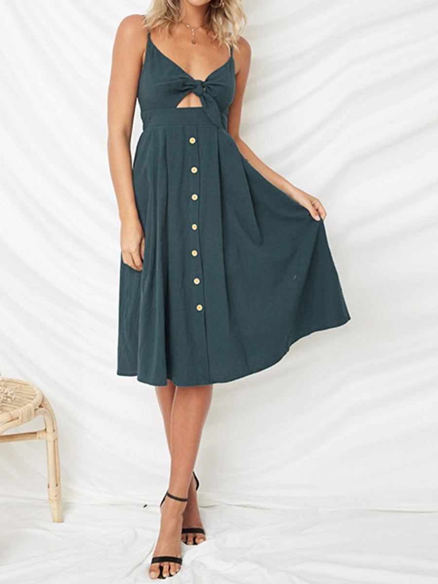 Deep Teal bow-front midi sundress with button detail and cutout.