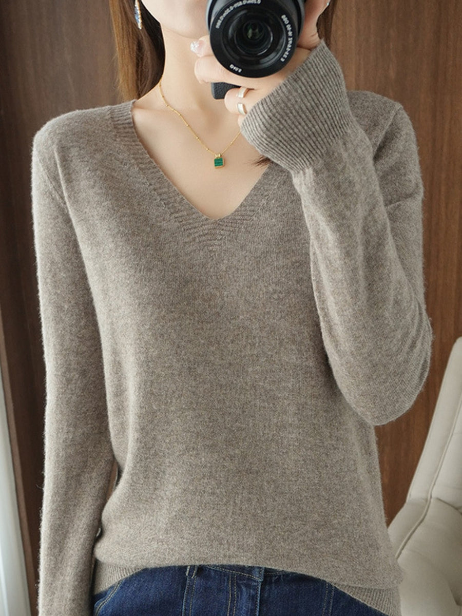 V-Neck Solid Color Sweater in Golden Camel with lightweight