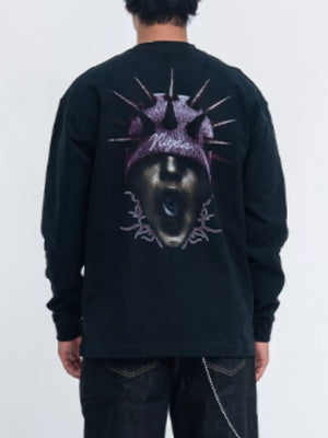 Black long sleeve shirt with graphic print of a spiked head and face on back.
