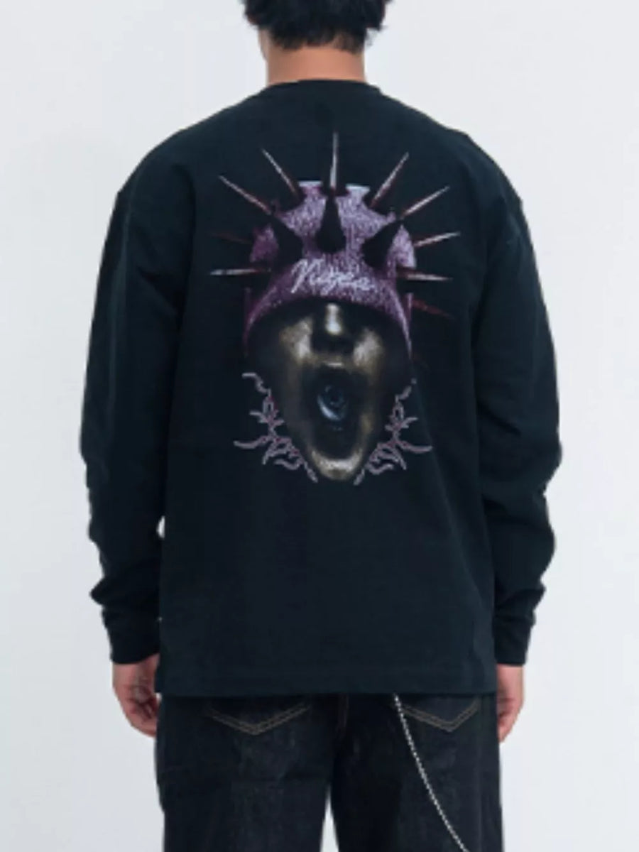 Black long sleeve shirt with graphic print of a spiked head and face on back.