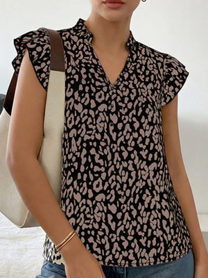 Black and tan leopard print ruffle sleeve v-neck blouse with a stand collar