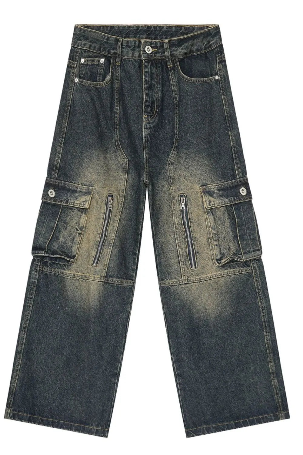 Dark distressed denim wide-leg cargo pants with zippered pockets