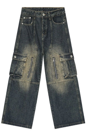 Dark distressed denim wide-leg cargo pants with zippered pockets