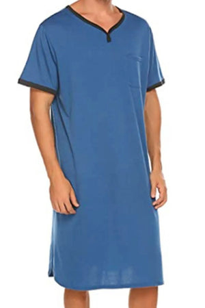 Blue sleep shirt dress with contrast trim neckline and sleeves, and a chest pocket.
