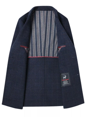 Navy plaid wool blend overcoat with striped lining and button detail.