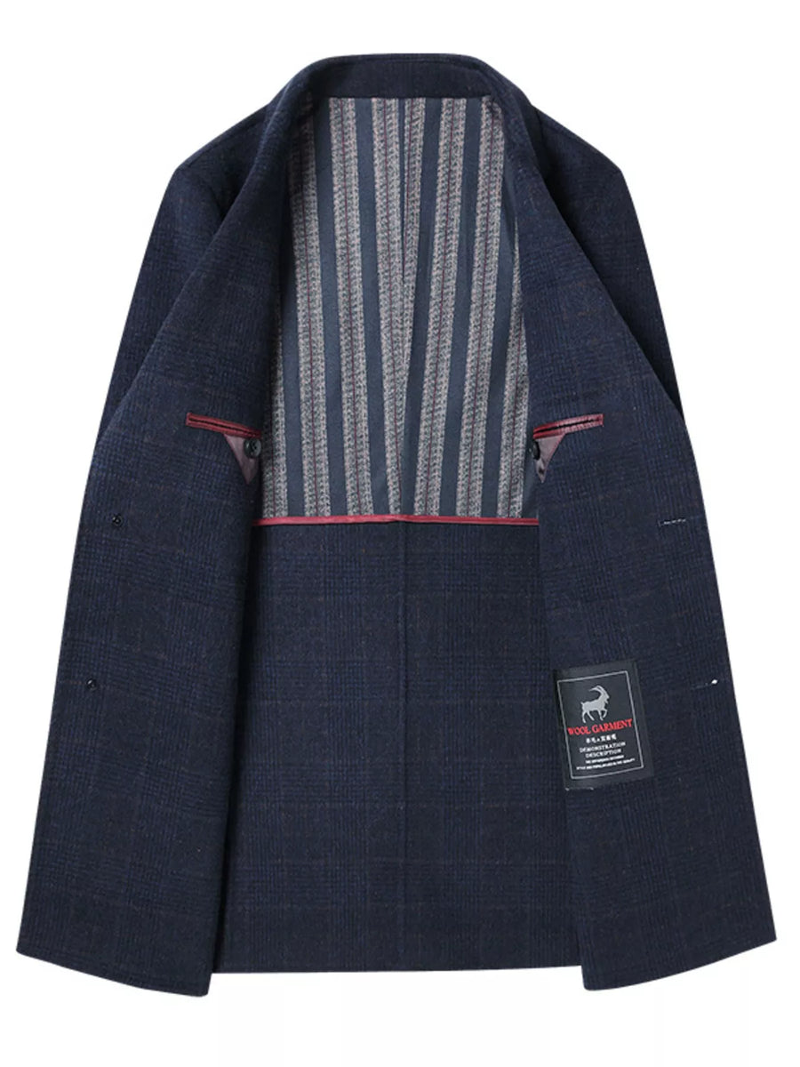 Navy plaid wool blend overcoat with striped lining and button detail.