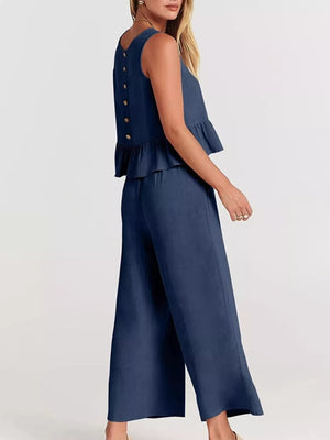 Navy Blue Ruffled Hem Sleeveless Top And Wide-leg Pants Set Plus Size
