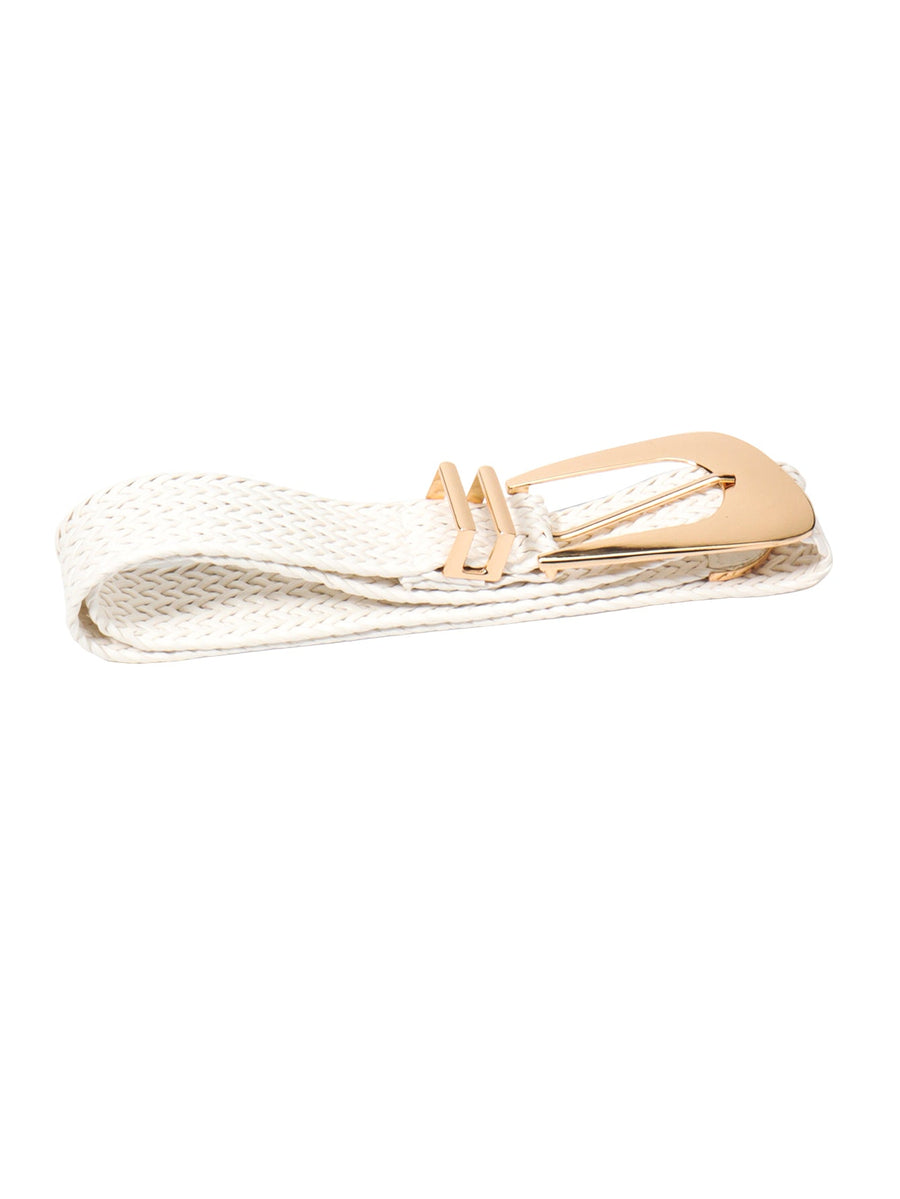 White woven raffia belt with gold-tone buckle and keepers.
