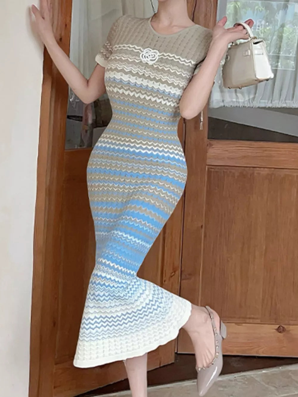 Light Blue Gradient Knit Striped Midi Dress