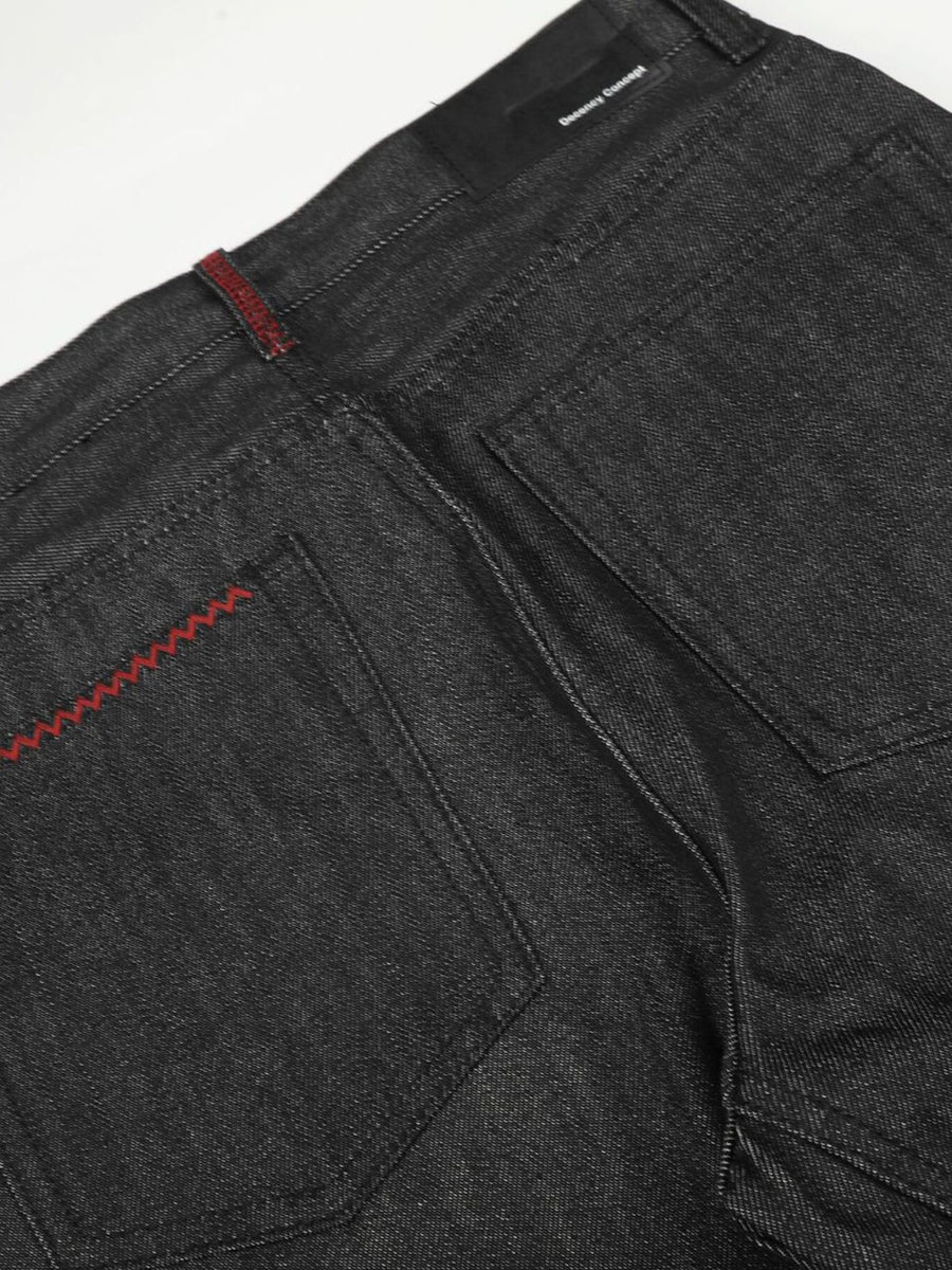 charcoal flare jeans with full-length and button-front
