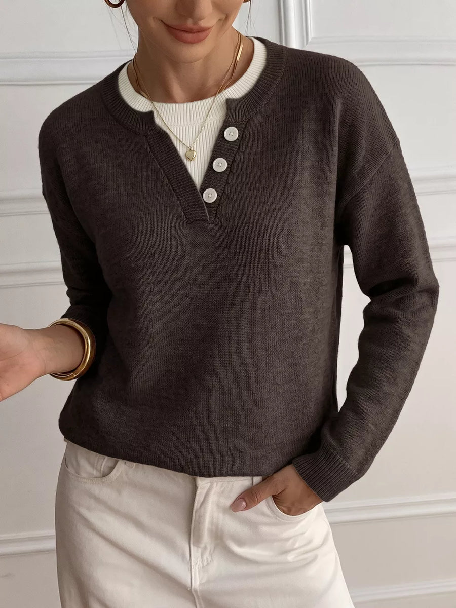 65% acrylic, 35% polyamide Care instructions: Machine wash cold pullover sweater in Coffee Brown with relaxed silhouette