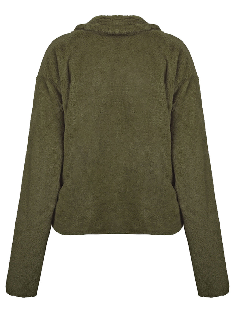 Army green faux fur biker jacket with collar and long sleeves.