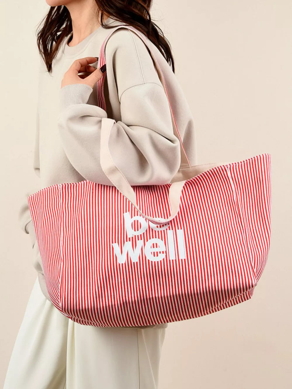 Dusty Pink Striped Canvas Duffel Bag
