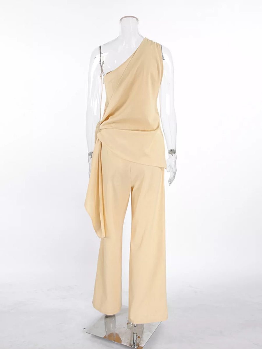 two-piece set in Khaki Color with tied waist and full-length