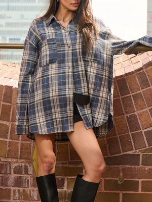cream button-down shirt featuring chest pocket and plaid