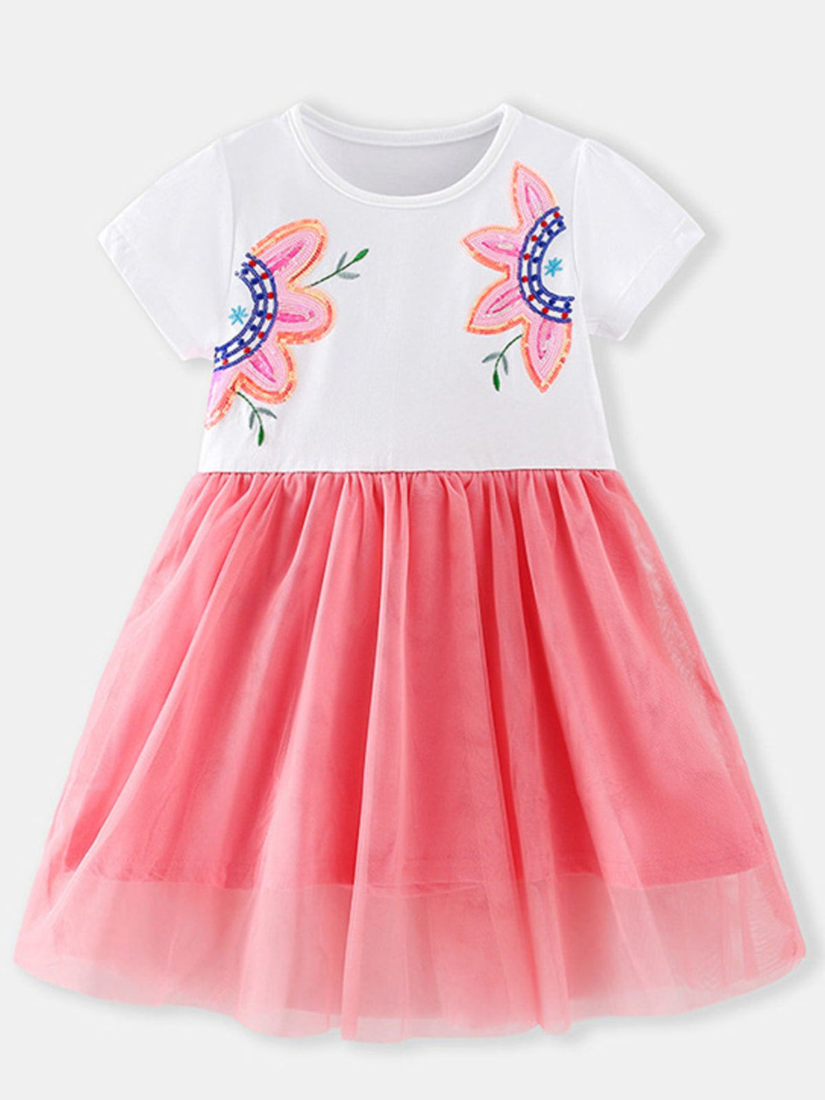 Toddler white short sleeve dress with sequin flower applique and pink tulle skirt.