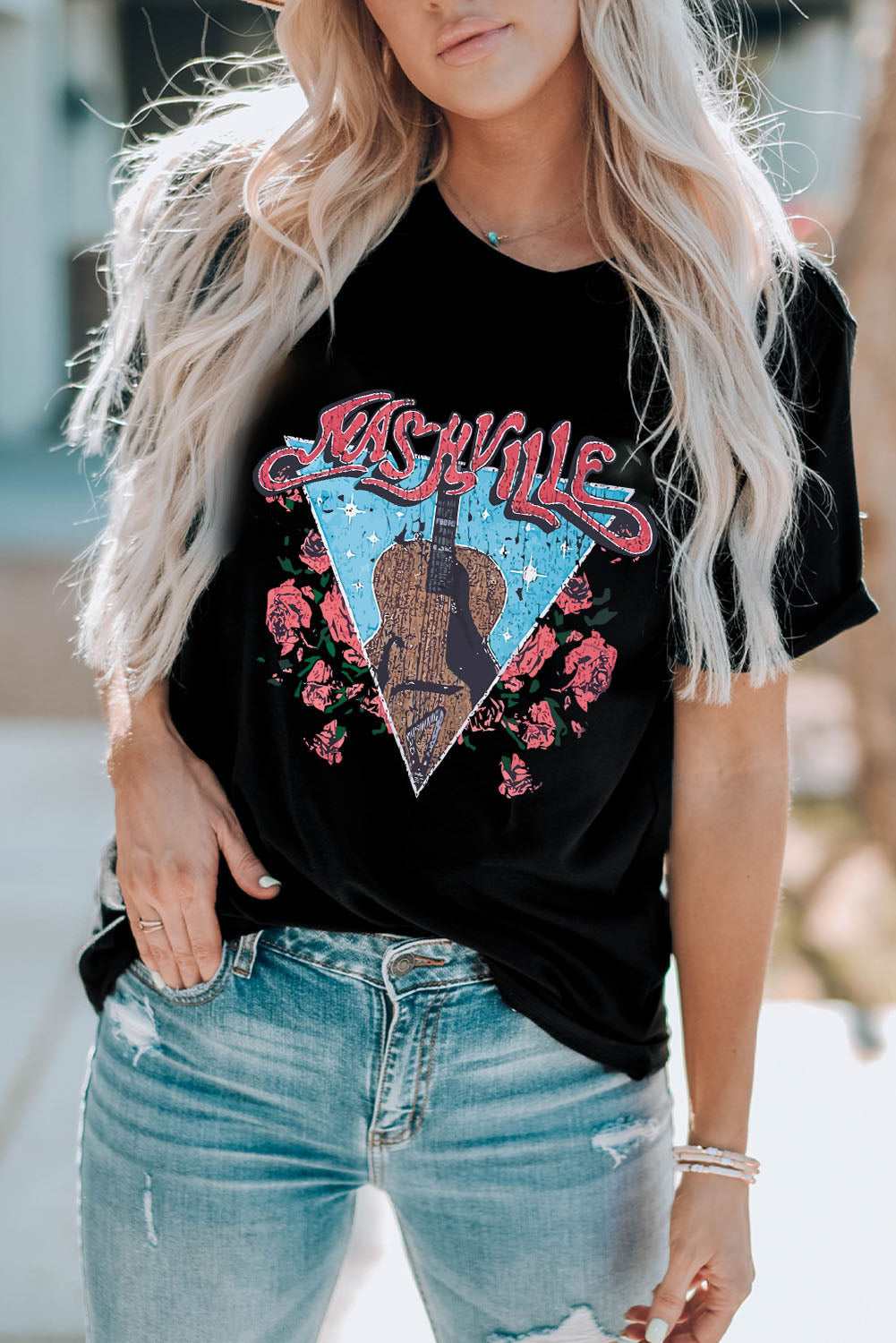 Black t-shirt with Nashville guitar and rose graphic print