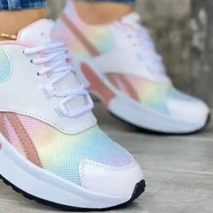 Multicolor lace up sneakers with air cushion sole and pink accents