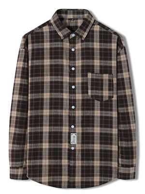 Brown plaid long-sleeve button-up shirt with chest pocket and cotton blend fabric.